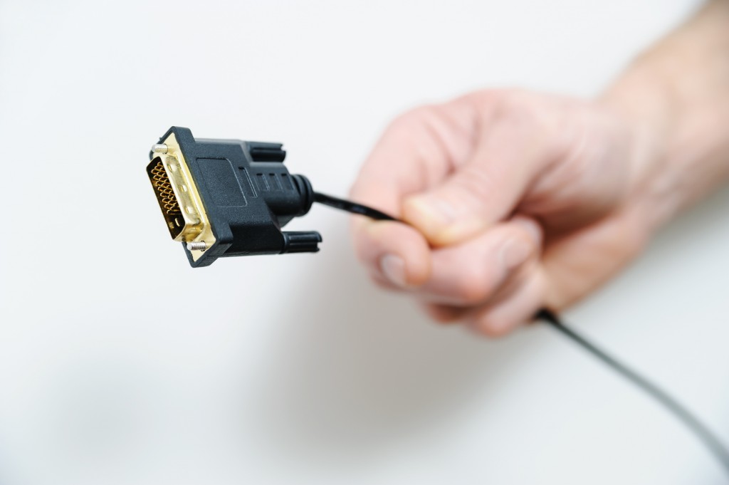 The hand of man is holding the cable plug dvi.