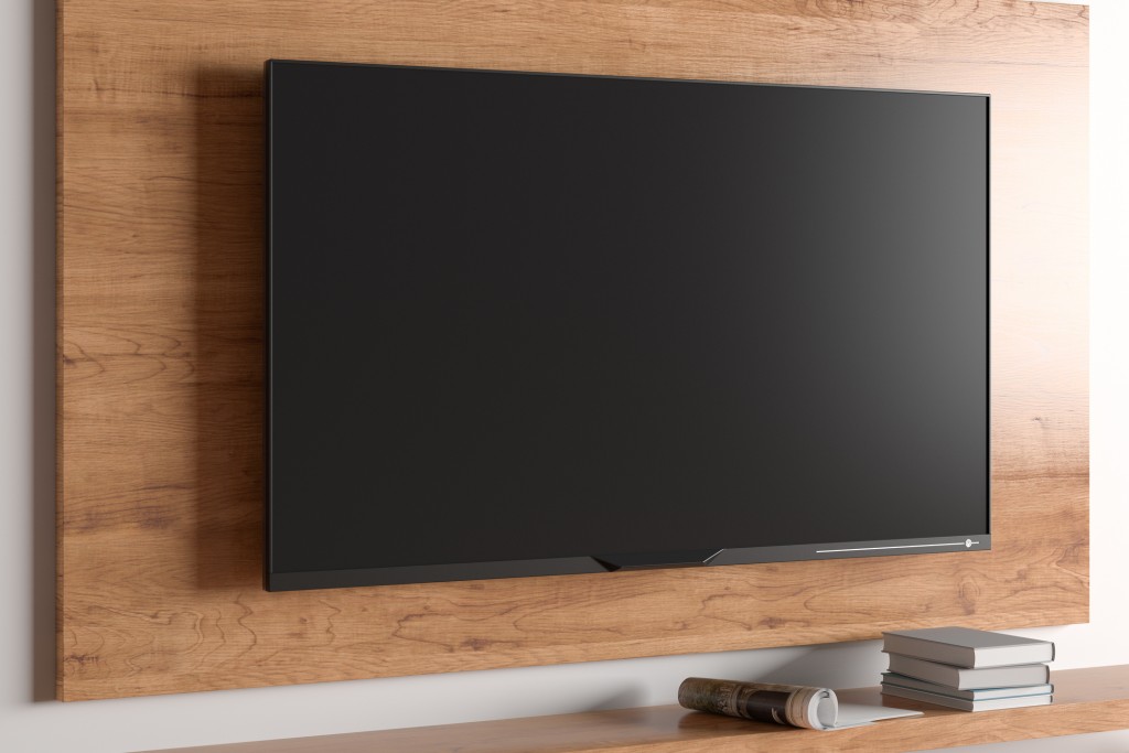 TV mock up on the wooden plate on the wall in modern living room. 3d illustration