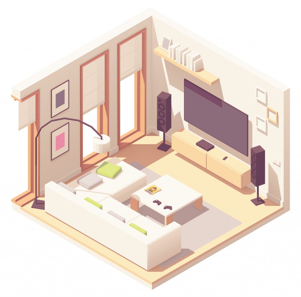 Vector isometric living room with sofa, coffee table, tv and stereo system speakers, floor lamp and windows with roman blinds